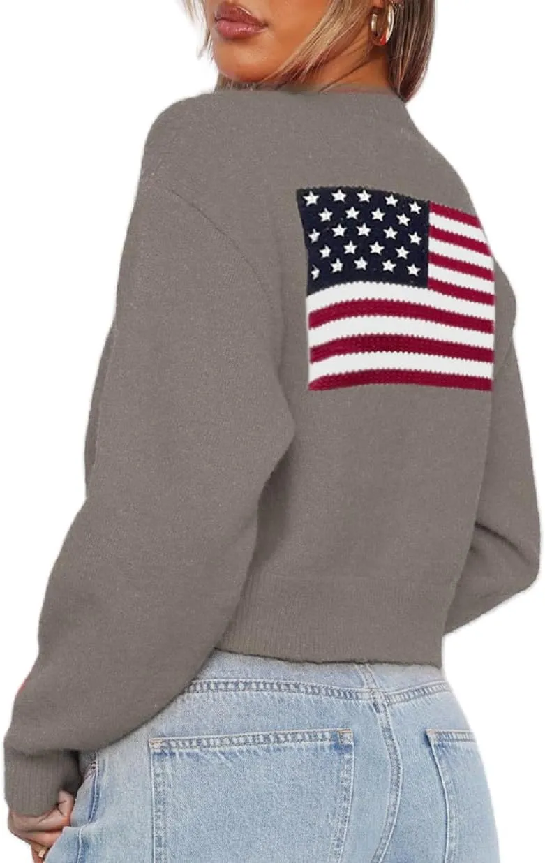Women American Flag Knit Sweater Cardigan 4th of July USA Flag Star Stripe Button Up Cropped Cardigans