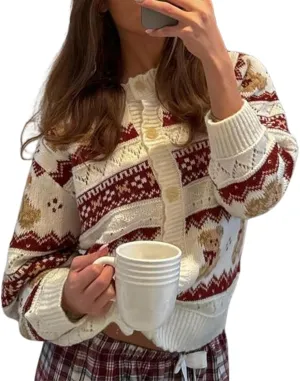 Women Button Down Cardigan Sweaters Cute Bow Bear Knitted Pattern Casual Fall Winter Cardigan Coats