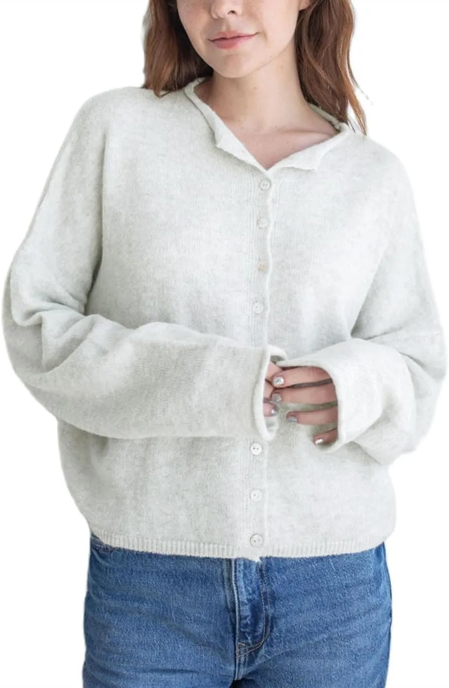 Women Casual Cardigan Sweater Lightweight Loose Crewneck Button Down Long Sleeve Basic Knit Tops