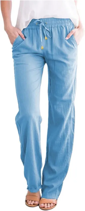 Women Casual Straight Pants High Waisted Elastic Drawstring Trousers Cotton&Linen Comfy Pant for Summer Beach Vacation