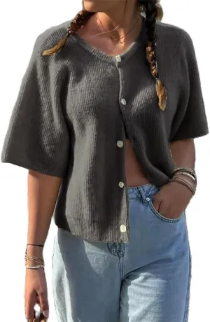 Women Crop Knit Cardigan Casual Short Sleeve Button Down Crewneck Sweater Going Out Tops