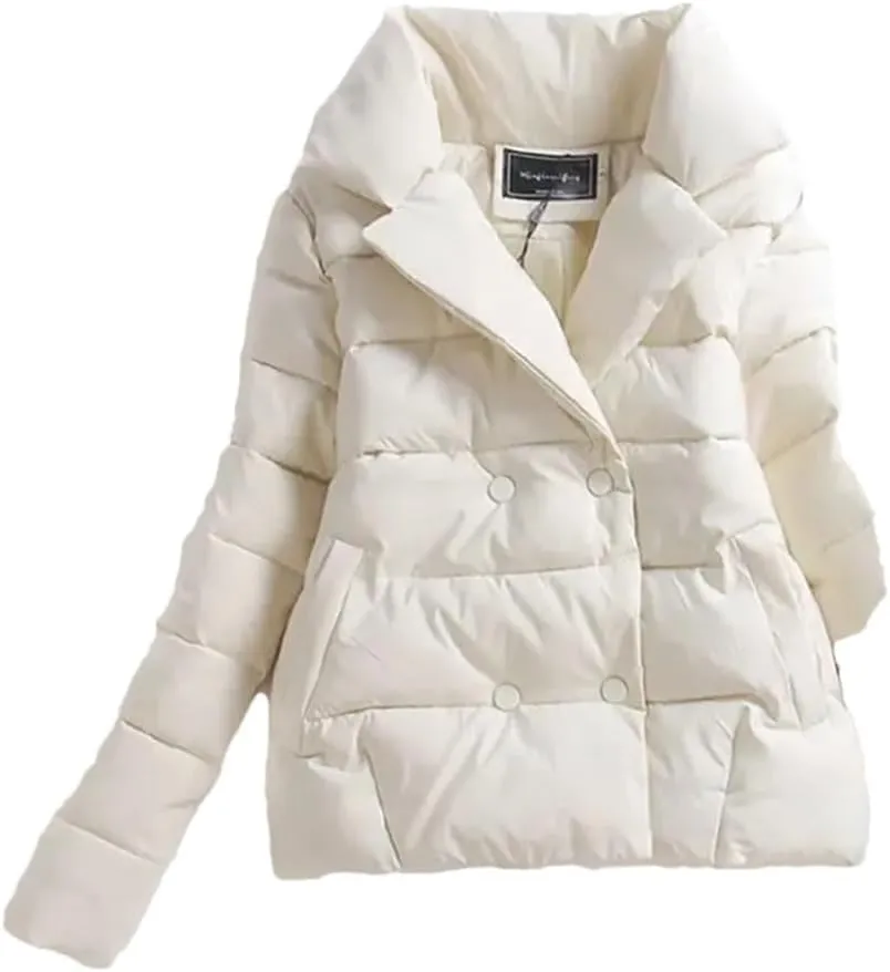 Women Down Cotton-Padded Jacket Short Suit Collar Outerwear solid Colour Long Sleeve Coat Beige 3XL