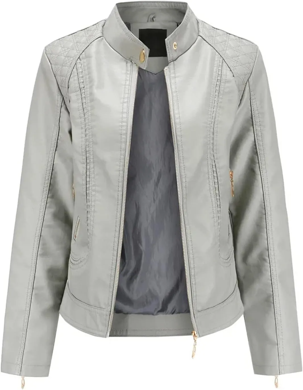 Women Faux Leather Jacket Spring Black Long Sleeve Moto Biker Zipper Short Coat