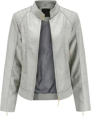 Women Faux Leather Jacket Spring Black Long Sleeve Moto Biker Zipper Short Coat