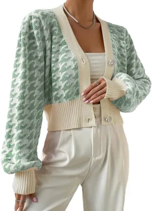 Women Houndstooth Print Button Down Crop Sweater Cardigan Lantern Sleeve V Neck Drop Shoulder Casual Crop Bolero