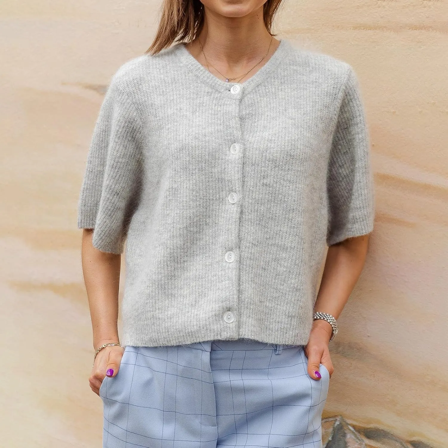 Women Knitted Crop Cardigan Sweater Short Sleeve Button Down Ribbed Knit Crop Top Blouse Y2k Pullover Tee Tops