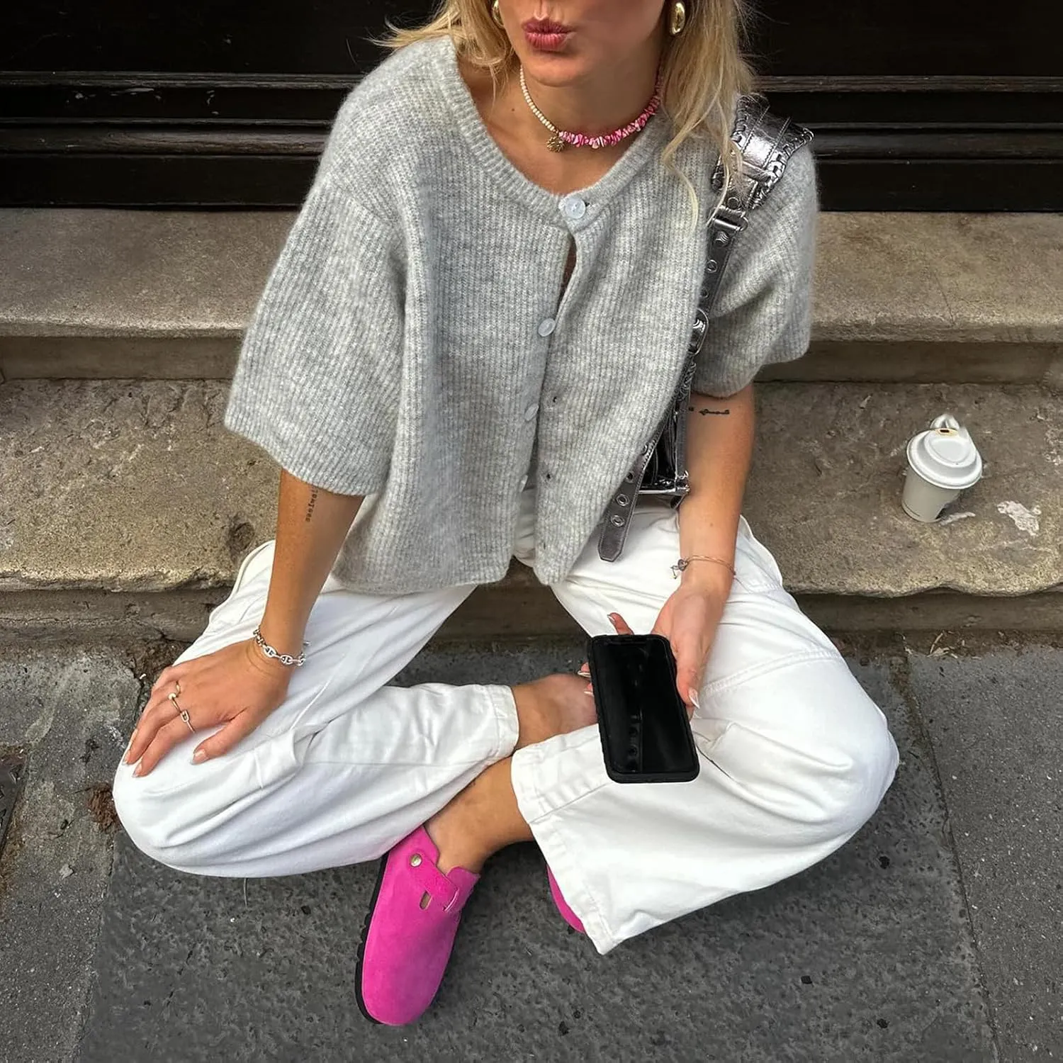 Women Knitted Crop Cardigan Sweater Short Sleeve Button Down Ribbed Knit Crop Top Blouse Y2k Pullover Tee Tops