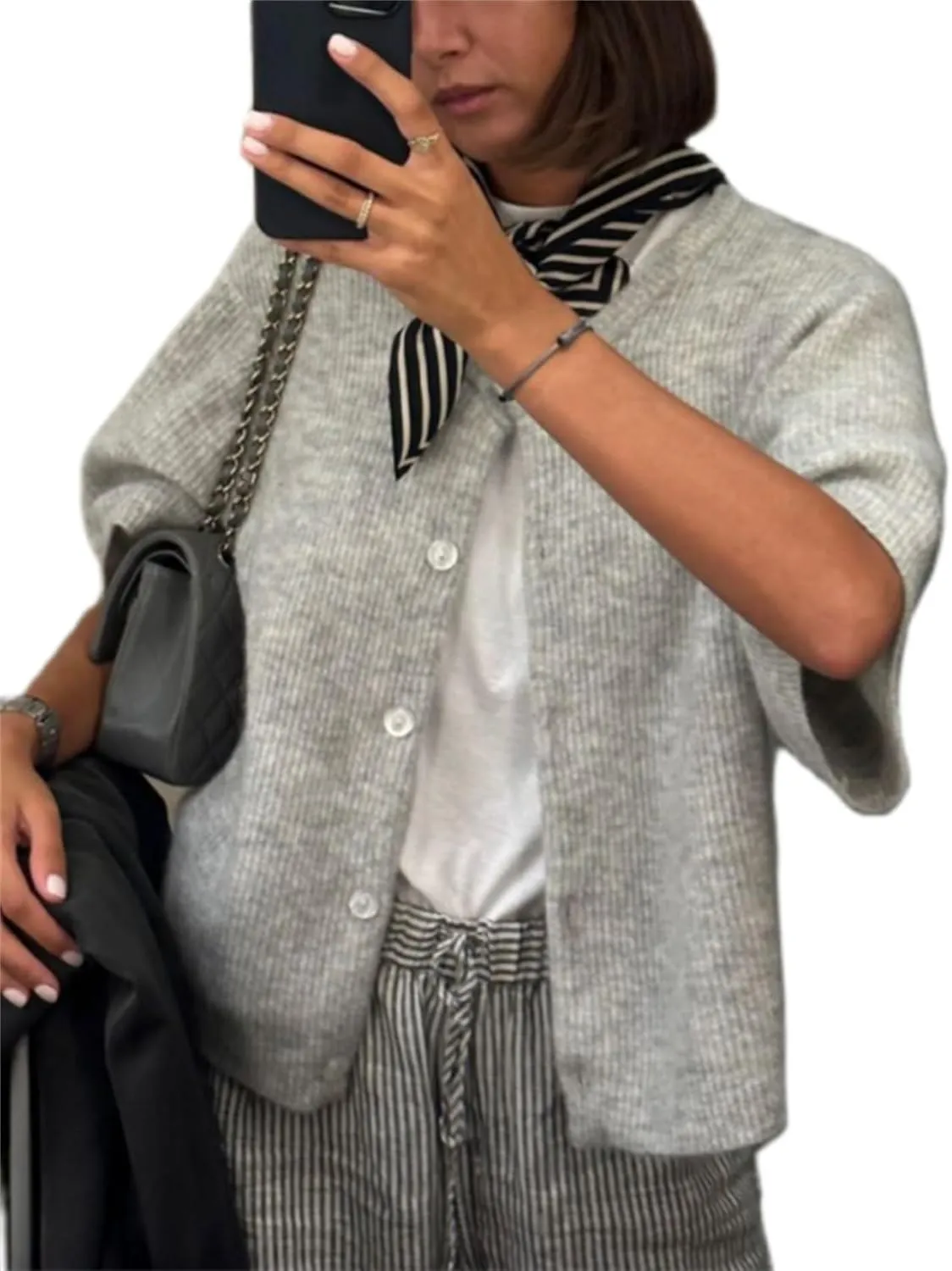 Women Knitted Crop Cardigan Sweater Short Sleeve Button Down Ribbed Knit Crop Top Blouse Y2k Pullover Tee Tops