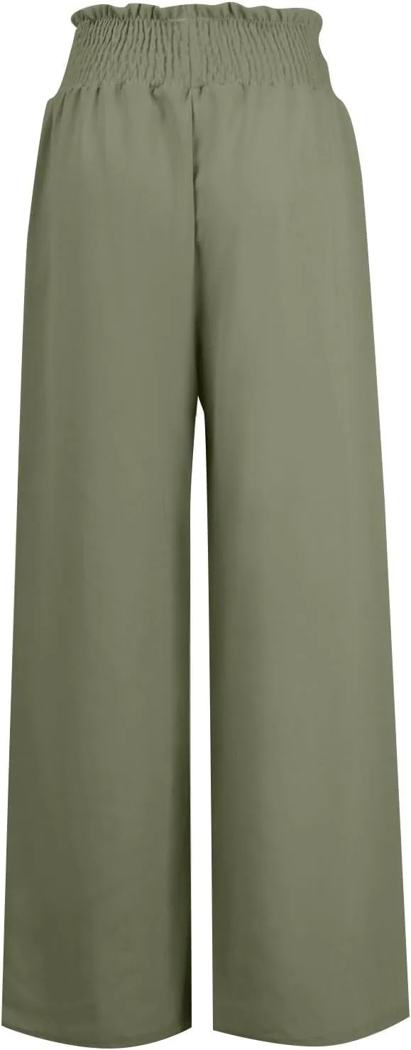 Women Linen Pants Elastic High Waisted Wide Leg Pants Summer 2024 Beach Palazzo Pants Comfy Flowy Trousers with Pockets