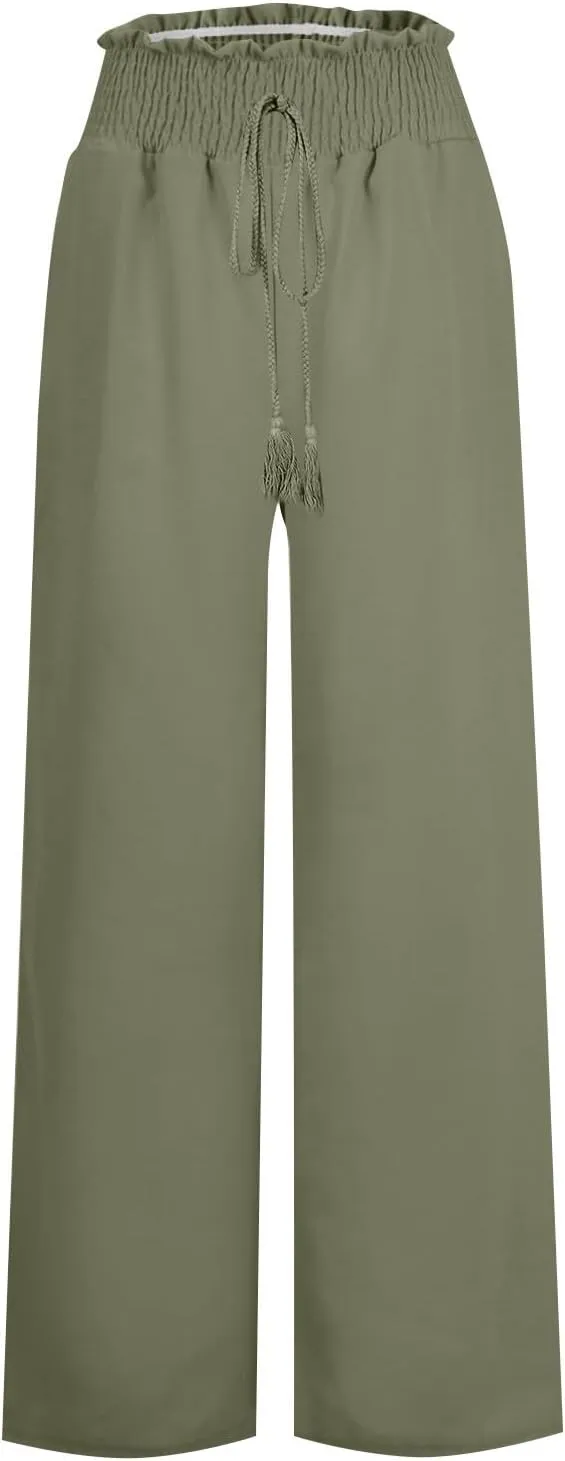 Women Linen Pants Elastic High Waisted Wide Leg Pants Summer 2024 Beach Palazzo Pants Comfy Flowy Trousers with Pockets