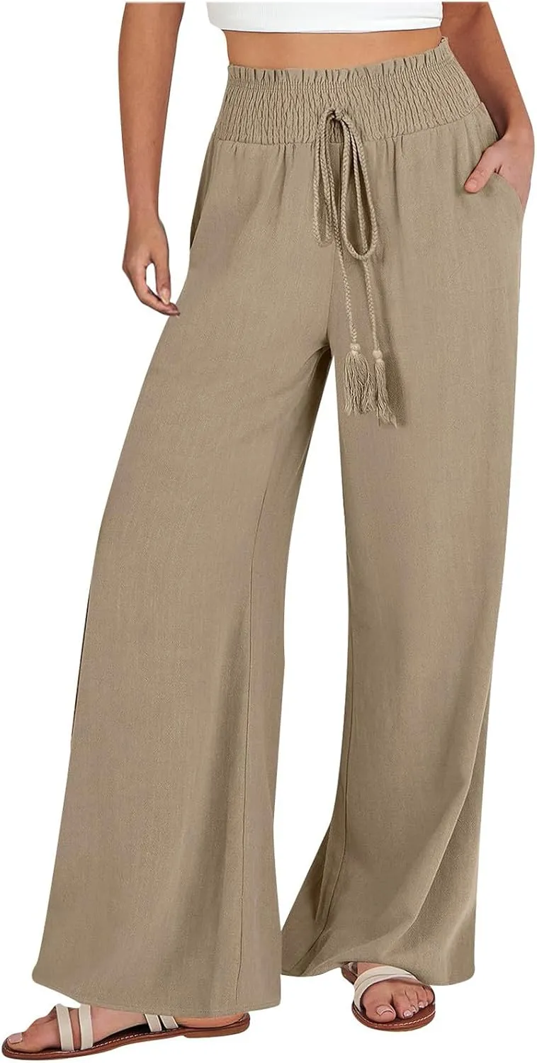 Women Linen Pants Elastic High Waisted Wide Leg Pants Summer 2024 Beach Palazzo Pants Comfy Flowy Trousers with Pockets