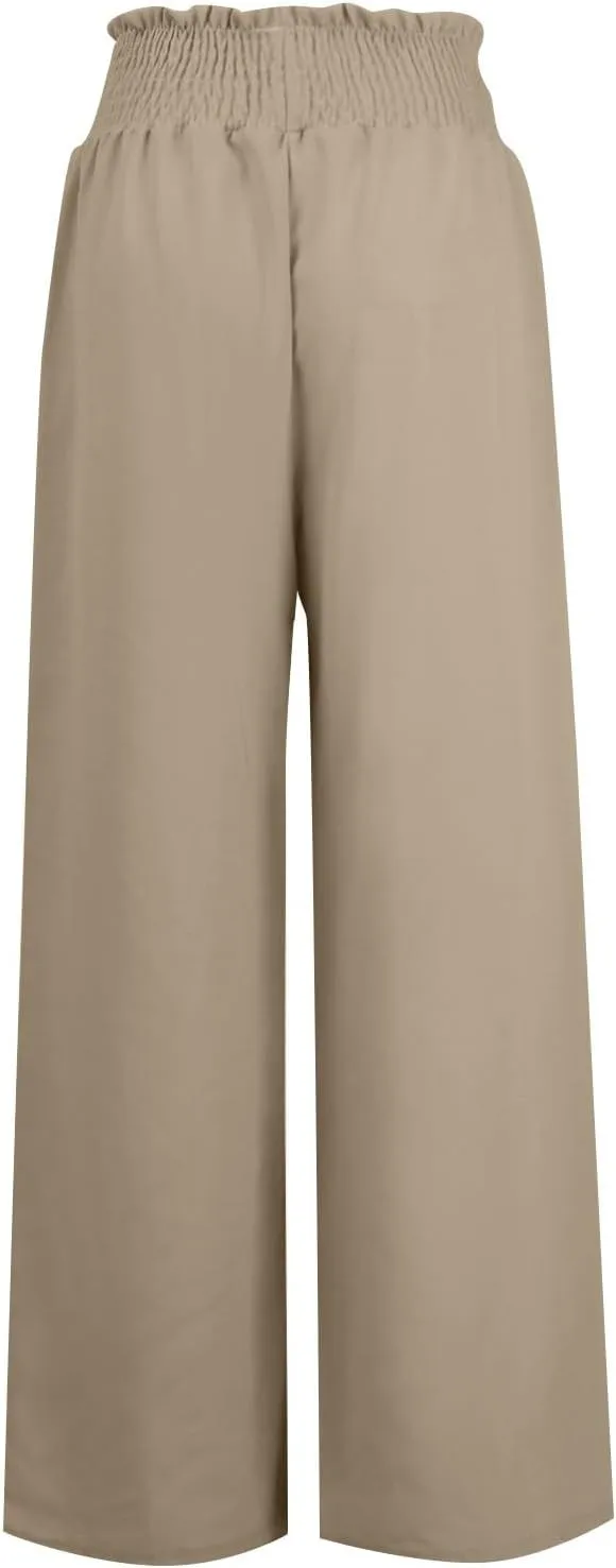 Women Linen Pants Elastic High Waisted Wide Leg Pants Summer 2024 Beach Palazzo Pants Comfy Flowy Trousers with Pockets