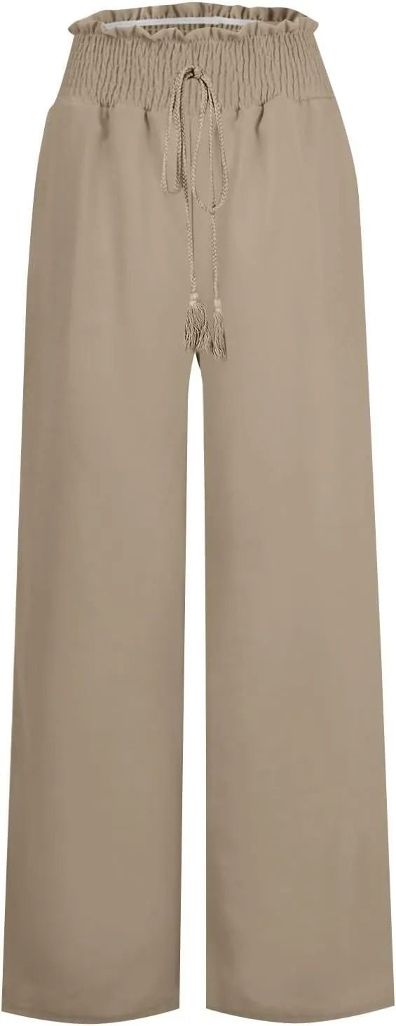 Women Linen Pants Elastic High Waisted Wide Leg Pants Summer 2024 Beach Palazzo Pants Comfy Flowy Trousers with Pockets