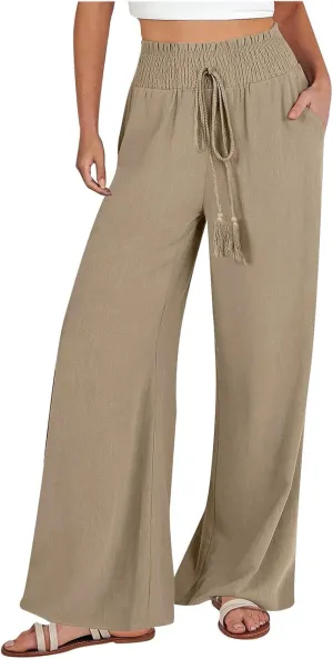 Women Linen Pants Elastic High Waisted Wide Leg Pants Summer 2024 Beach Palazzo Pants Comfy Flowy Trousers with Pockets