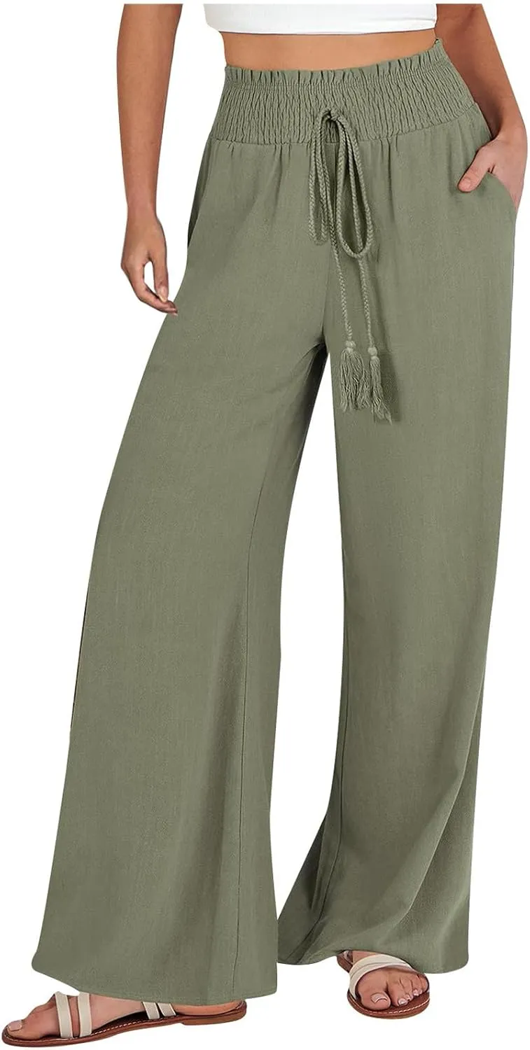 Women Linen Pants Elastic High Waisted Wide Leg Pants Summer 2024 Beach Palazzo Pants Comfy Flowy Trousers with Pockets