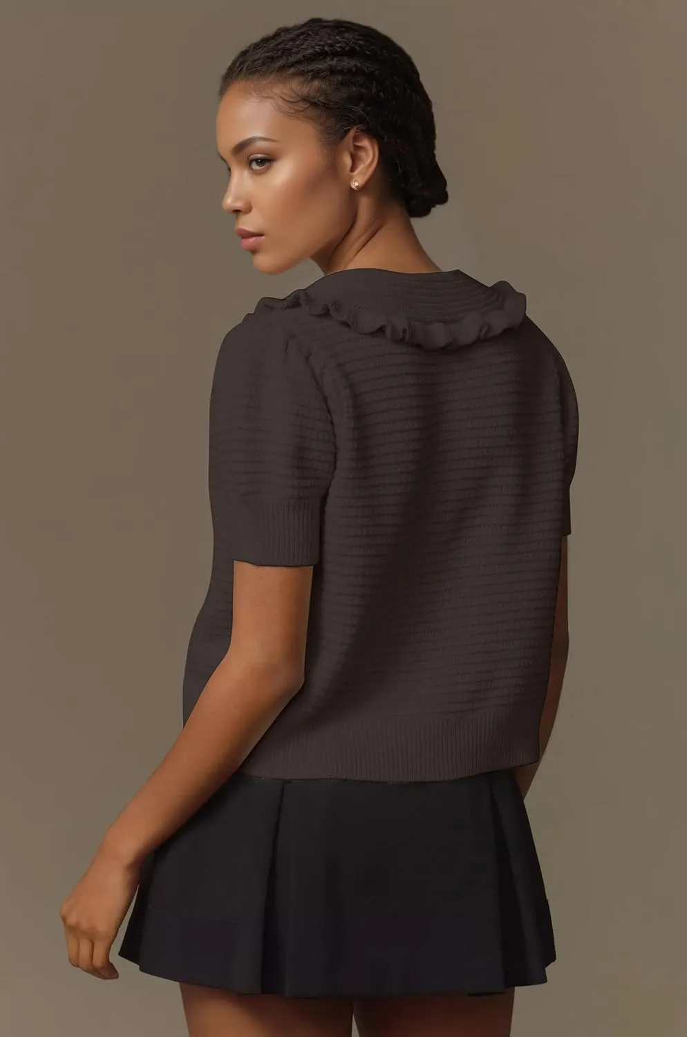 Women Ruffle Collar Short Puff Sleeve Cardigans Casual Loose Button Down Open Front Knit Summer Cardigan Sweater Top