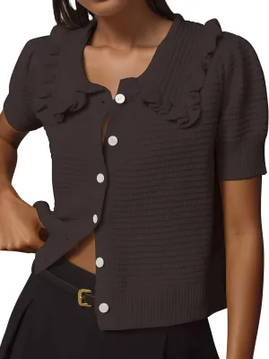Women Ruffle Collar Short Puff Sleeve Cardigans Casual Loose Button Down Open Front Knit Summer Cardigan Sweater Top
