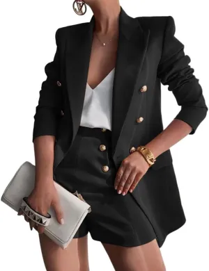Women Suit with Shorts Ladies Office Causal Peak Lapel Double Breasted Suit Blazer and High Waisted Shorts Set