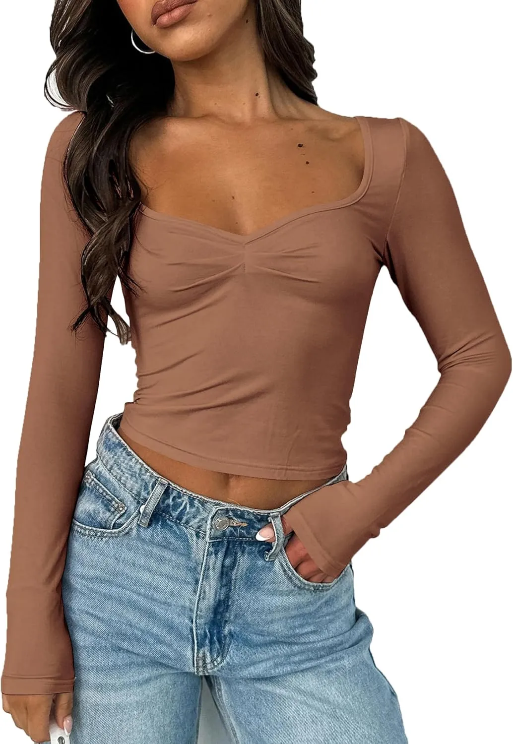 Women Sweetheart Neckline Basic Fitted Tops Long Sleeve Going Out Crop Tops Ruched T Shirts