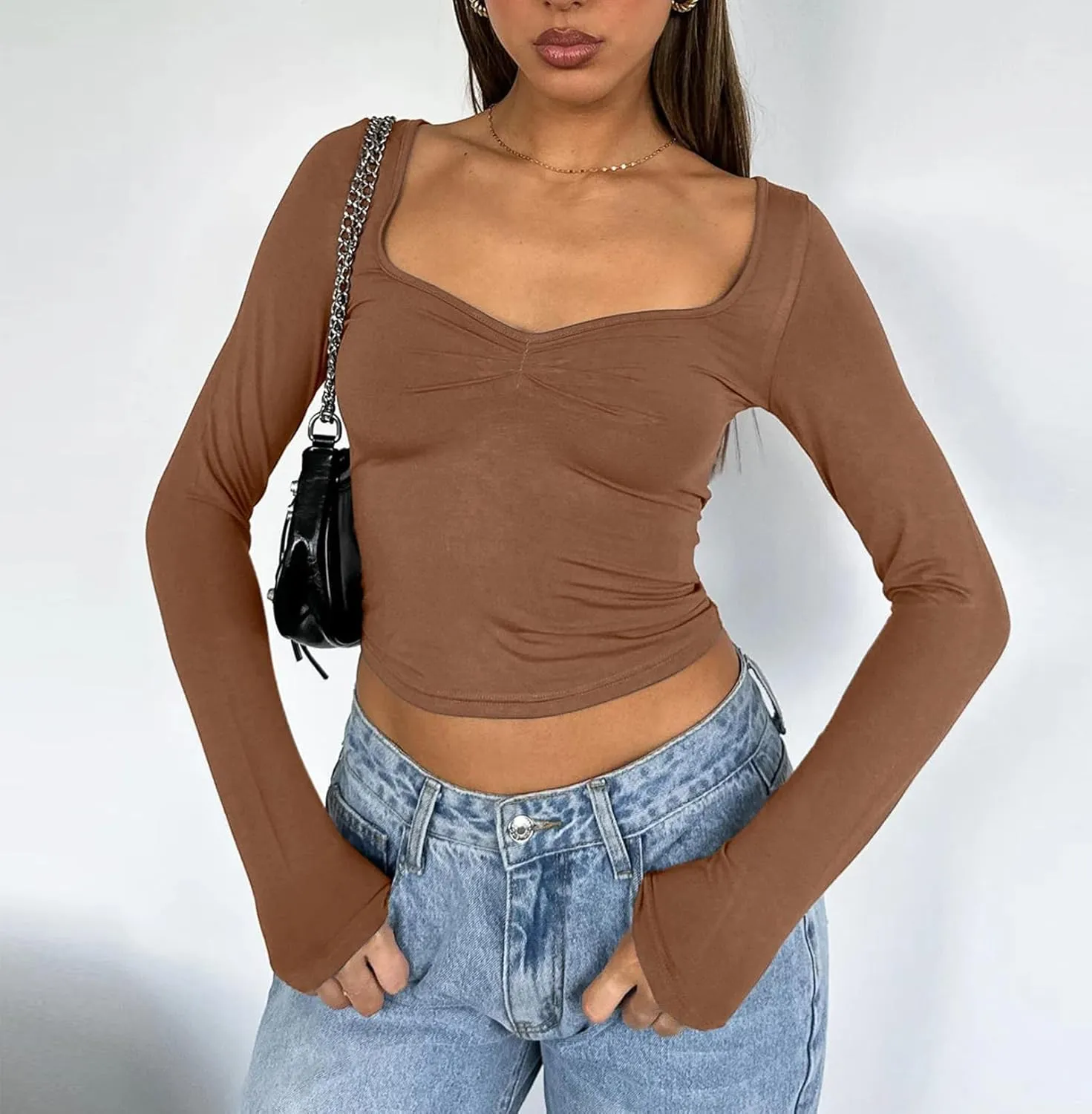 Women Sweetheart Neckline Basic Fitted Tops Long Sleeve Going Out Crop Tops Ruched T Shirts