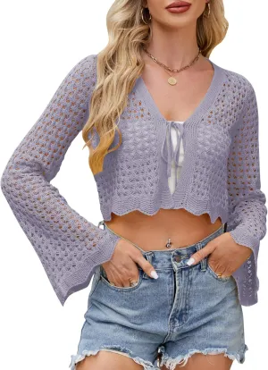 Women Tie Front Cropped Cardigan Crochet Bolero Shrug Sweater Bell Sleeve Knit Crop Top