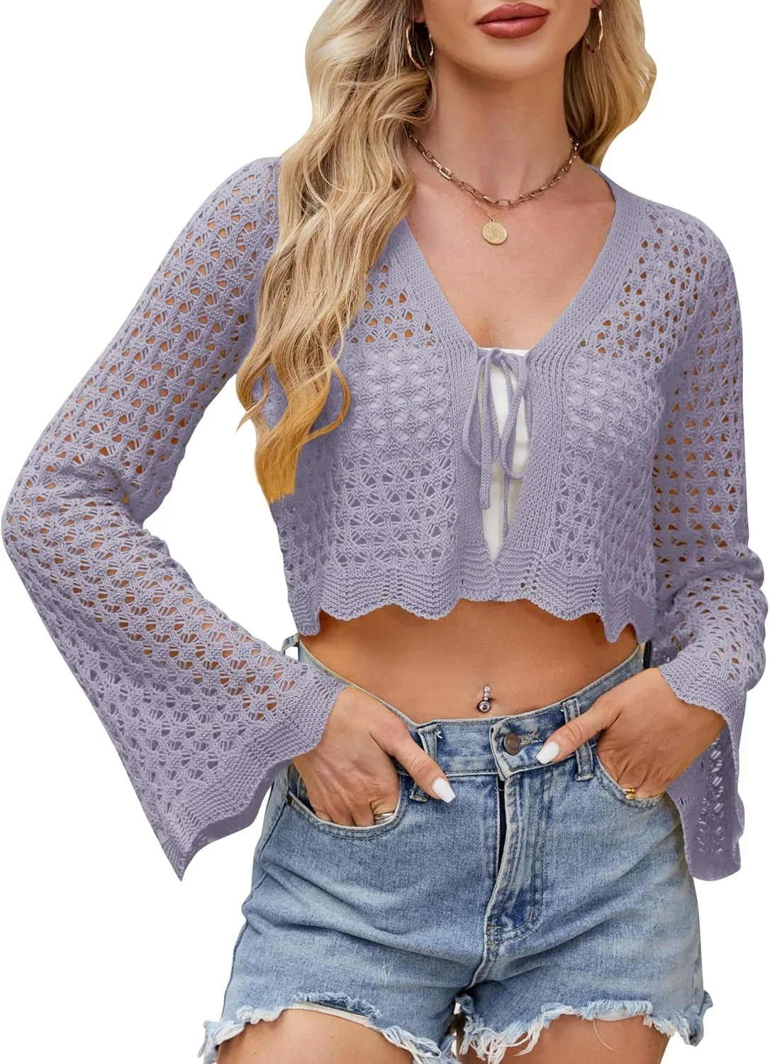 Women Tie Front Cropped Cardigan Crochet Bolero Shrug Sweater Bell Sleeve Knit Crop Top
