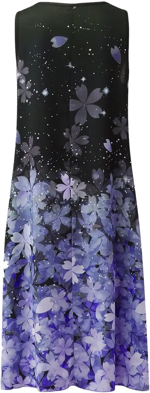 Women Two Piece Outfits Sleeveless Floral Print Long Dress with Cardigan Loose Casual Crew Neck Flowy Maxi Dress
