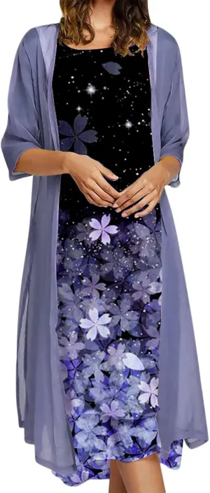Women Two Piece Outfits Sleeveless Floral Print Long Dress with Cardigan Loose Casual Crew Neck Flowy Maxi Dress