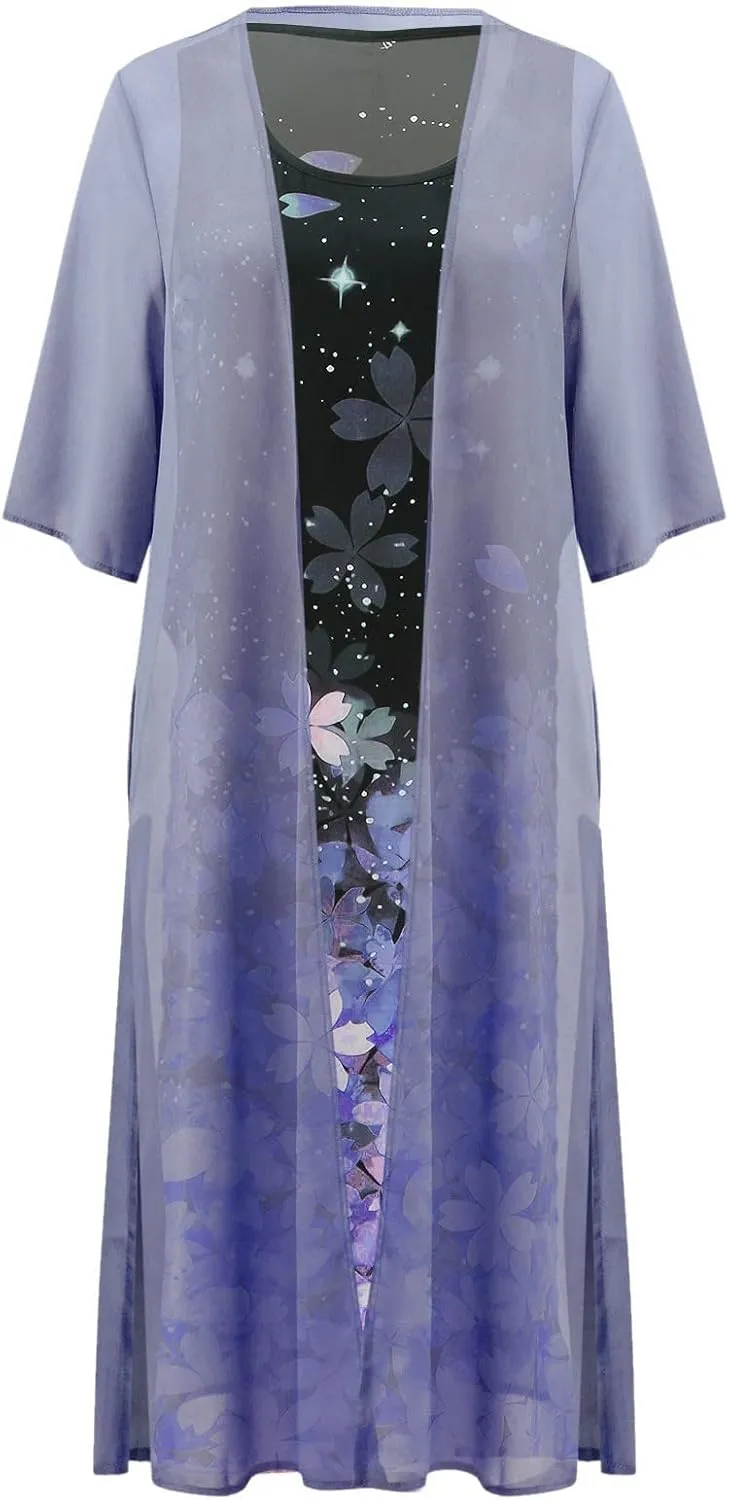 Women Two Piece Outfits Sleeveless Floral Print Long Dress with Cardigan Loose Casual Crew Neck Flowy Maxi Dress