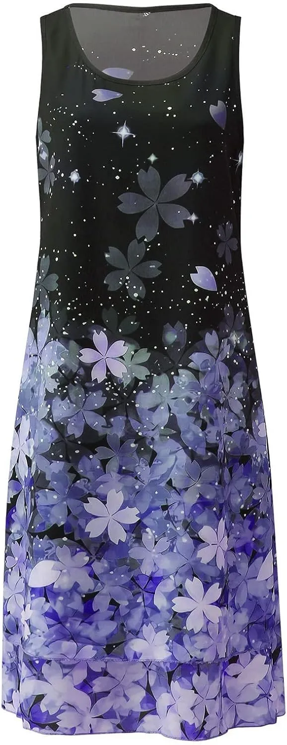 Women Two Piece Outfits Sleeveless Floral Print Long Dress with Cardigan Loose Casual Crew Neck Flowy Maxi Dress