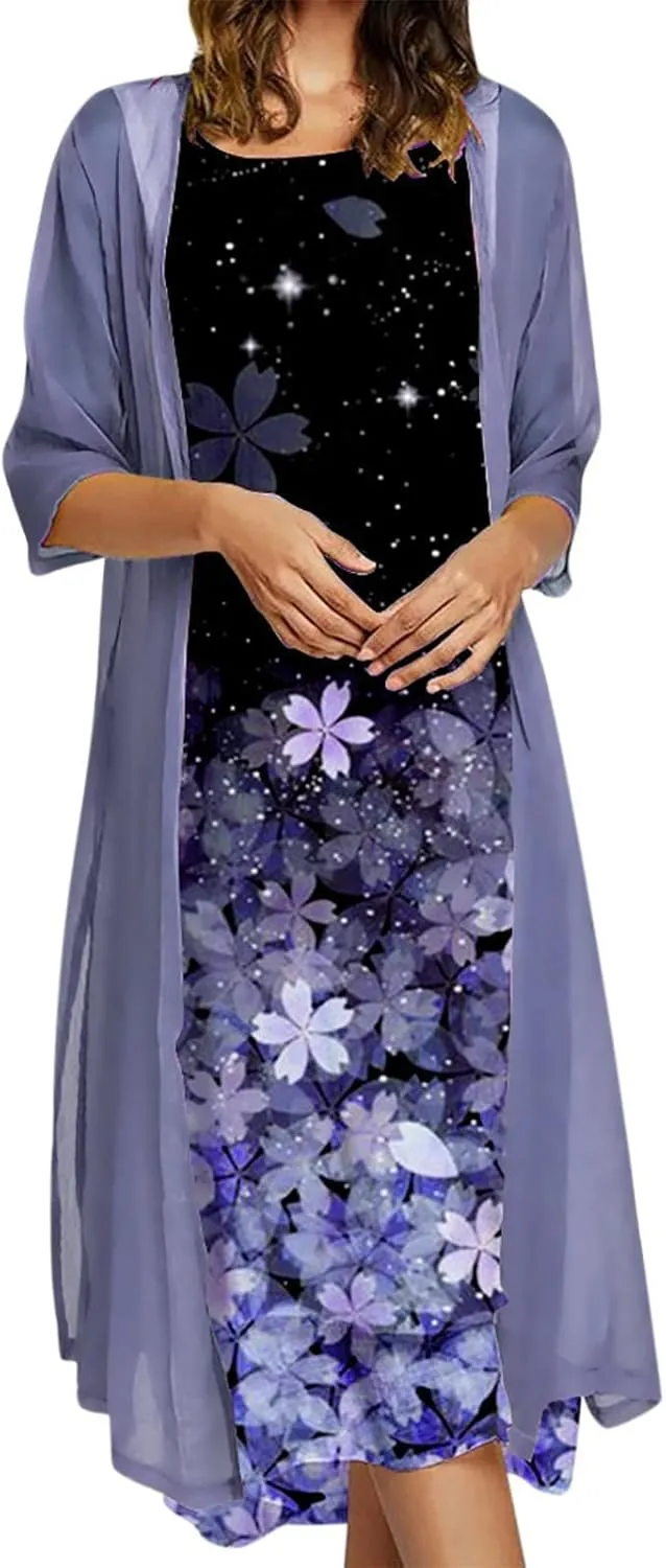 Women Two Piece Outfits Sleeveless Floral Print Long Dress with Cardigan Loose Casual Crew Neck Flowy Maxi Dress