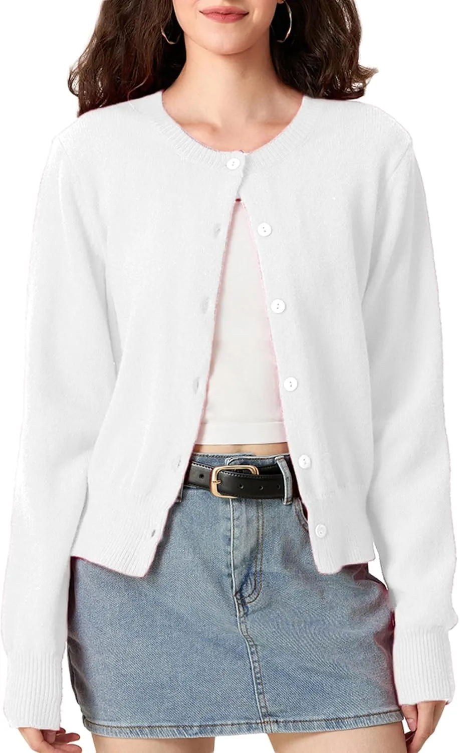 Women Y2k Button Up Cardigan Long Sleeve Knitted Crop Sweater Shirt Crew Neck Cute Solid Fall Knitwear Tops