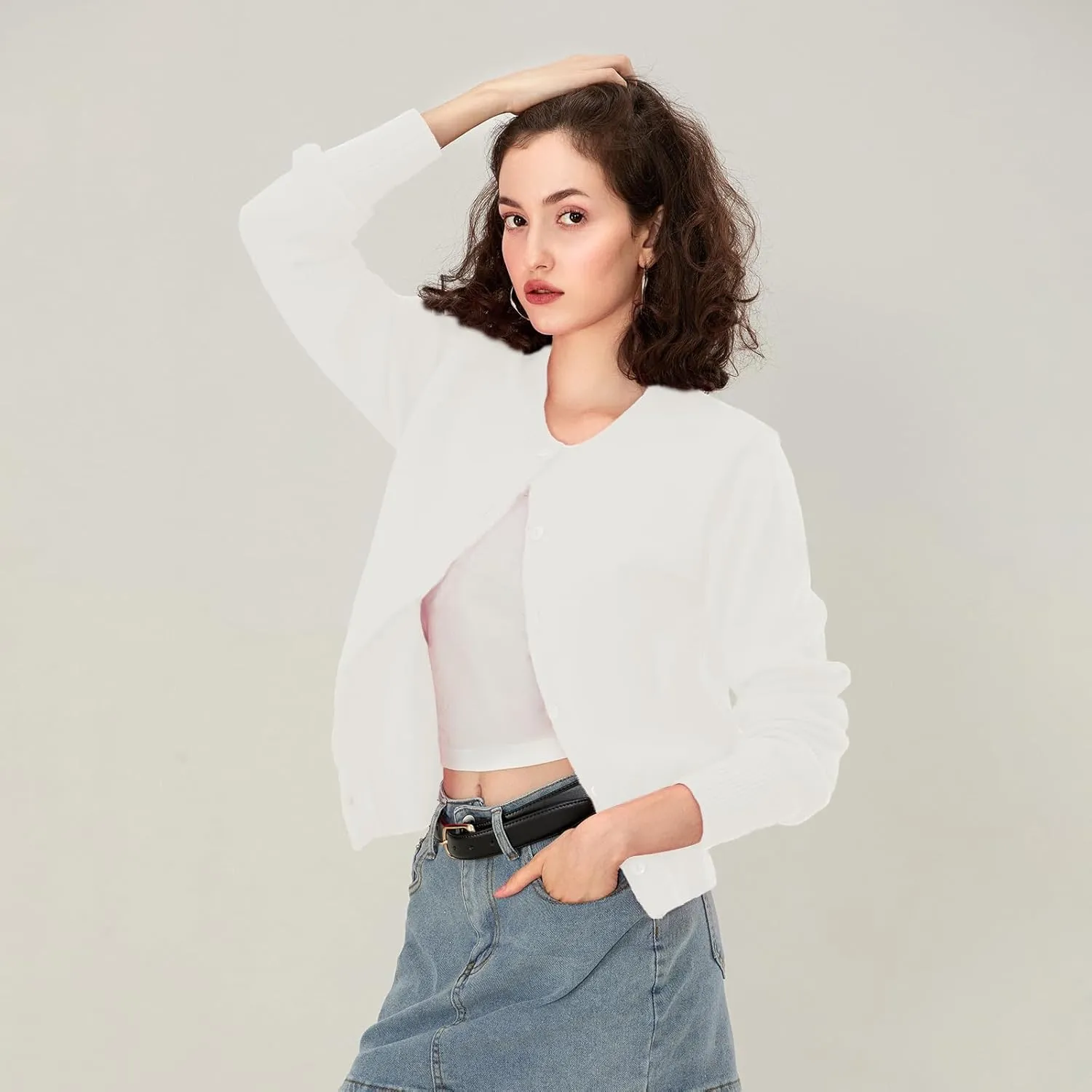 Women Y2k Button Up Cardigan Long Sleeve Knitted Crop Sweater Shirt Crew Neck Cute Solid Fall Knitwear Tops