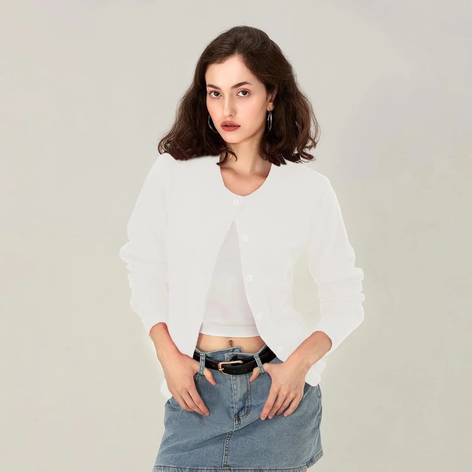 Women Y2k Button Up Cardigan Long Sleeve Knitted Crop Sweater Shirt Crew Neck Cute Solid Fall Knitwear Tops