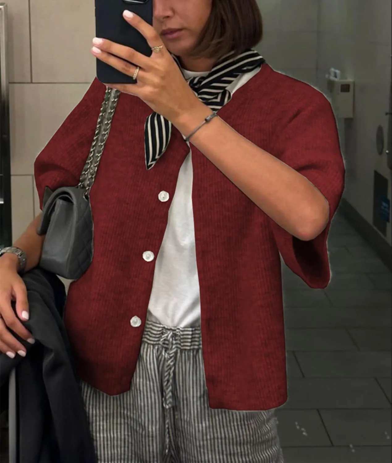 Women Y2K Crop Cardigan Sweater Crewneck Short Sleeve Button Down Knit Crop Top Teen Girls Aesthetic Cute Cardigan