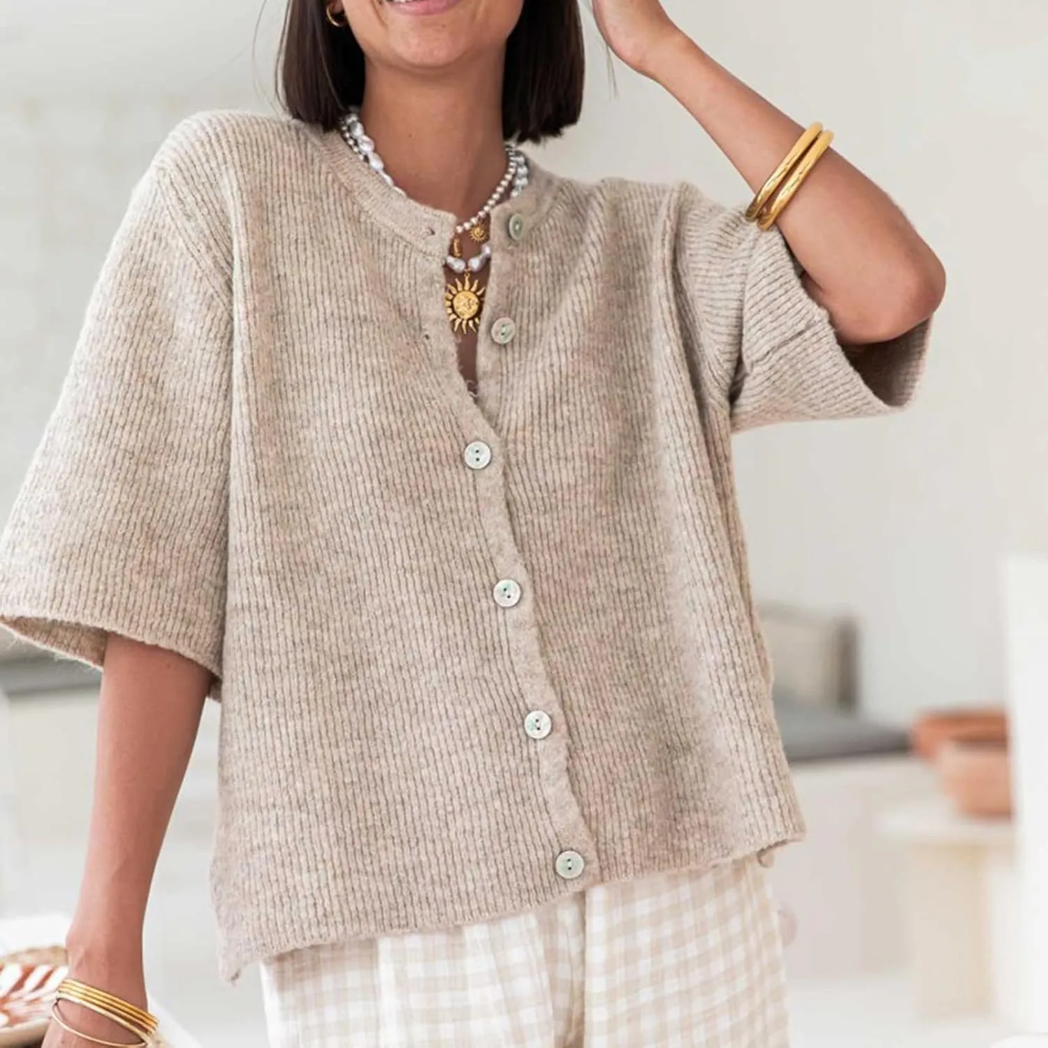 Women Y2K Crop Cardigan Sweater Crewneck Short Sleeve Button Down Knit Crop Top Teen Girls Aesthetic Cute Cardigan
