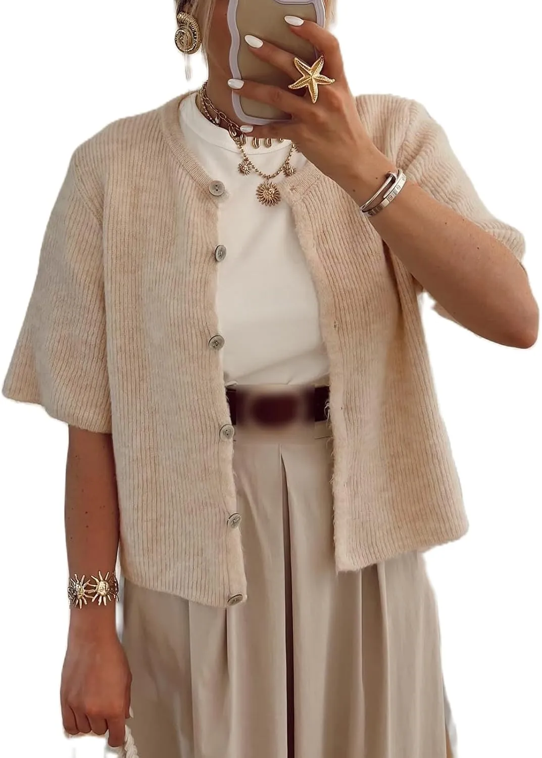 Women Y2K Crop Cardigan Sweater Crewneck Short Sleeve Button Down Knit Crop Top Teen Girls Aesthetic Cute Cardigan