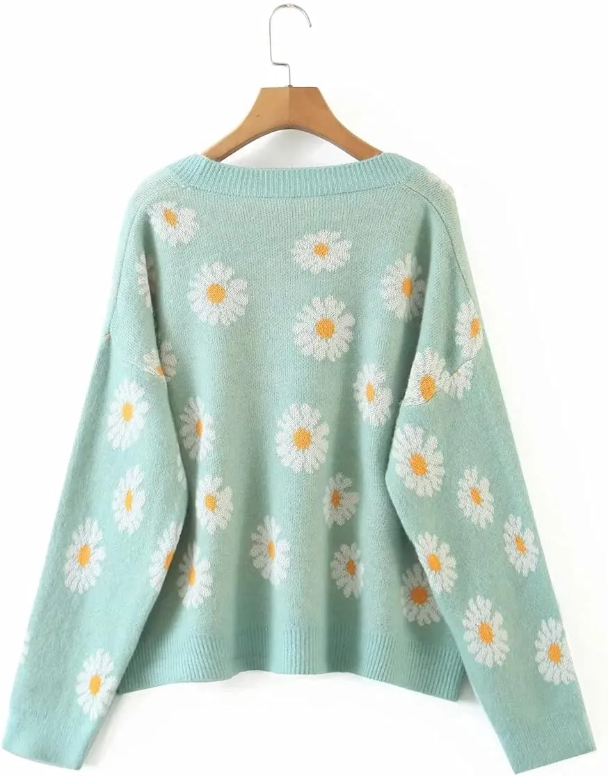 Women Y2K Floral Print Knit Cardigan Sweater Long Sleeve V Neck Button Down Sweater Vintage Aesthetic 90s Outerwear Tops