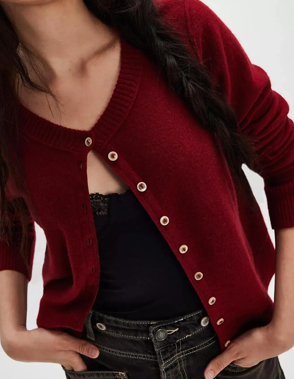 Women Y2K Open Front Button Down Knit Crop Cardigan Sweater Scoop Neck Long Sleeve Solid Causal Ribbed Top Fall
