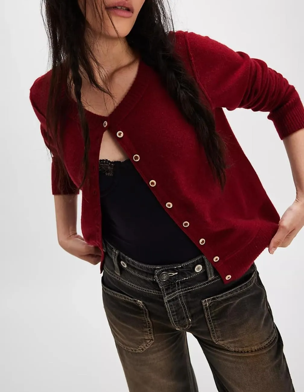 Women Y2K Open Front Button Down Knit Crop Cardigan Sweater Scoop Neck Long Sleeve Solid Causal Ribbed Top Fall