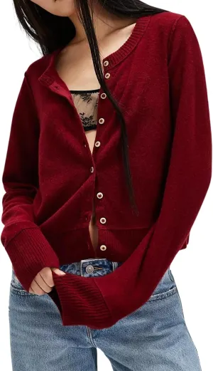 Women Y2K Open Front Button Down Knit Crop Cardigan Sweater Scoop Neck Long Sleeve Solid Causal Ribbed Top Fall
