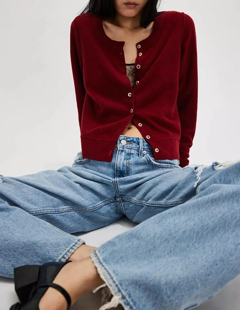Women Y2K Open Front Button Down Knit Crop Cardigan Sweater Scoop Neck Long Sleeve Solid Causal Ribbed Top Fall