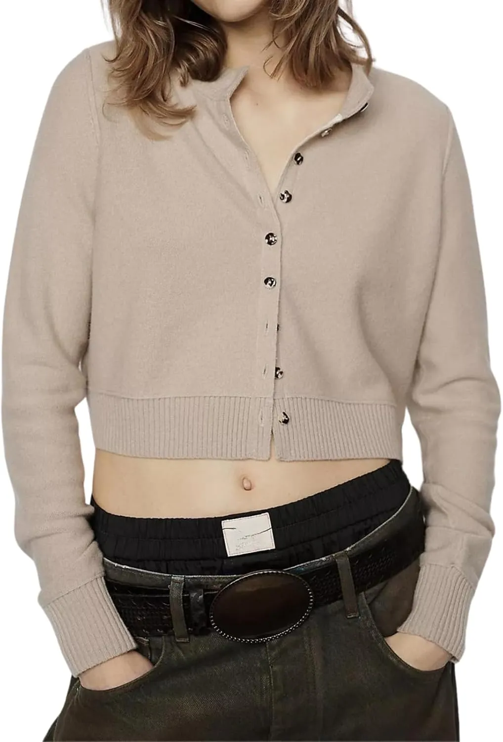 Women Y2K Open Front Button Down Knit Crop Cardigan Sweater Scoop Neck Long Sleeve Solid Causal Ribbed Top Fall