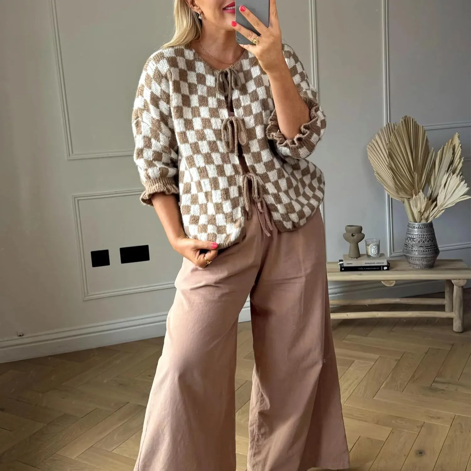 Women Y2K Tie Front Cardigan Sweater Ruffle Short Sleeve Checkered Open Front Knit Sweater Cute Loose Knitwear Tops