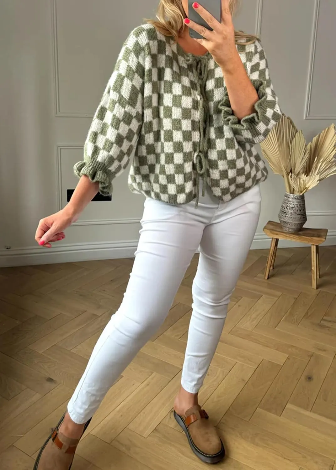 Women Y2K Tie Front Cardigan Sweater Ruffle Short Sleeve Checkered Open Front Knit Sweater Cute Loose Knitwear Tops