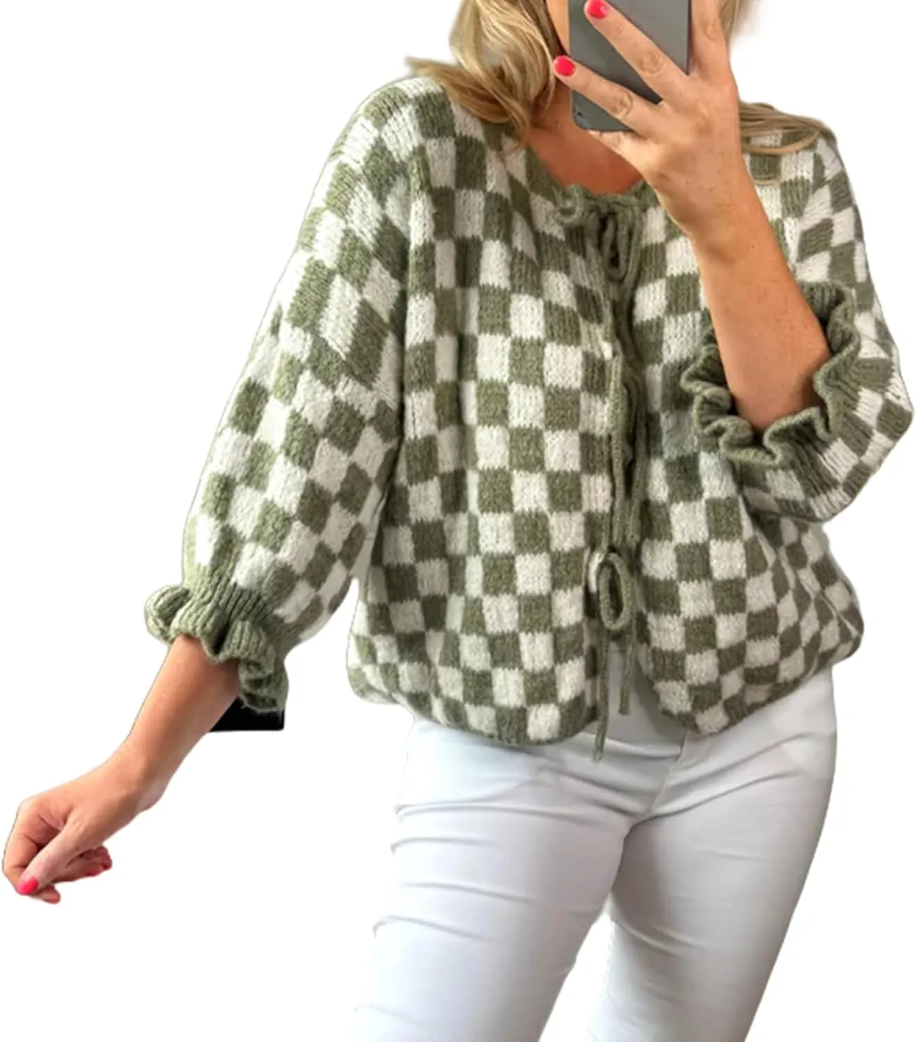 Women Y2K Tie Front Cardigan Sweater Ruffle Short Sleeve Checkered Open Front Knit Sweater Cute Loose Knitwear Tops