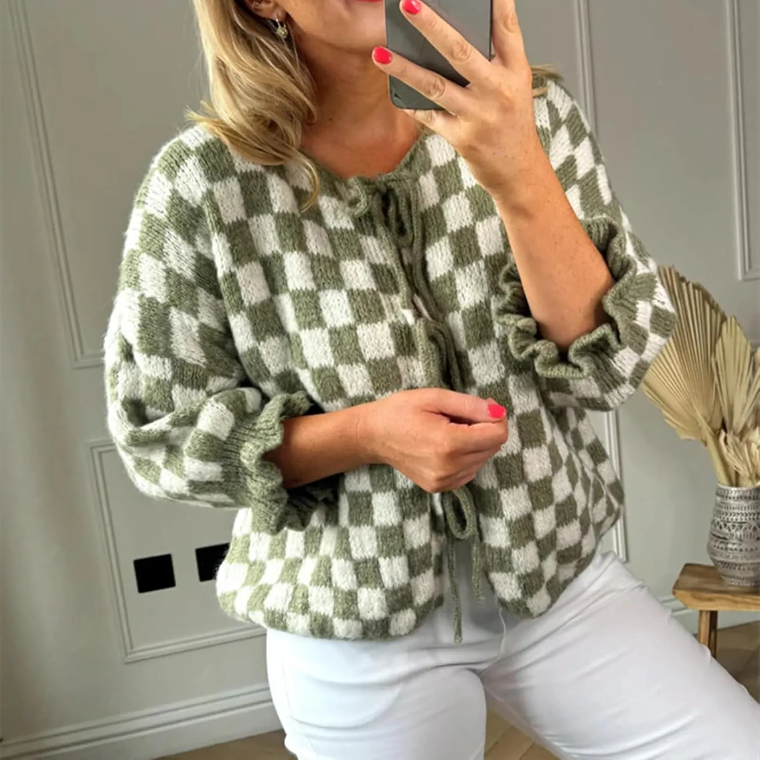 Women Y2K Tie Front Cardigan Sweater Ruffle Short Sleeve Checkered Open Front Knit Sweater Cute Loose Knitwear Tops