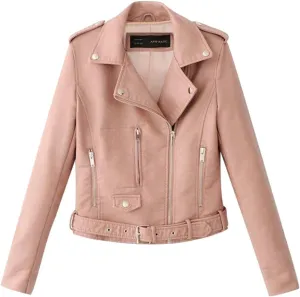 Women's 2023 Fall Faux Leather Biker Motorcycle Jacket Fashion Plus Size Long Sleeve Zipper Slim Fit Short Casual Coat