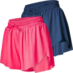 Womens Athletic Running Shorts 2 Pack Women's Butterfly Flowy Short's 2 in 1 Gym Workout Summer Short for Women