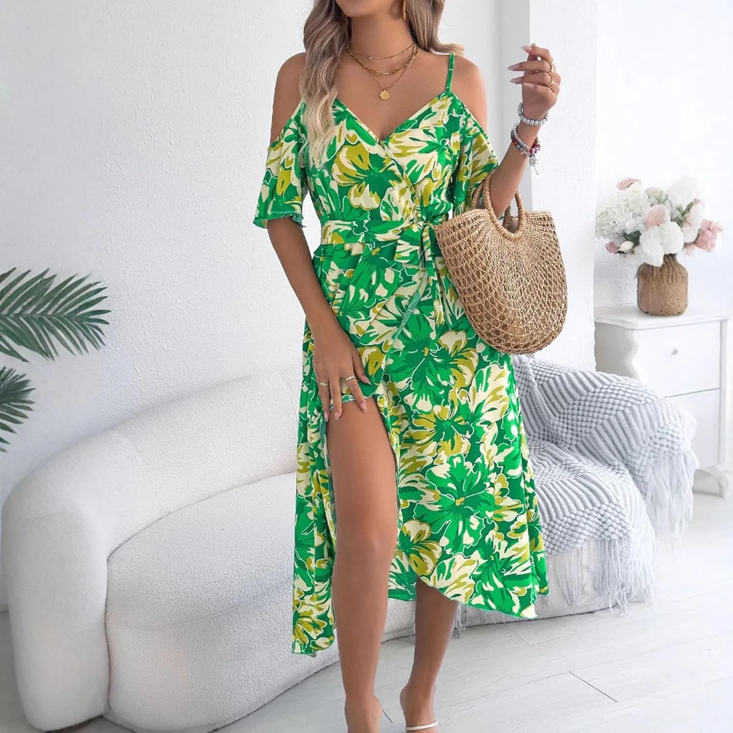 Women's Beach Vocation Maxi Dresses 2025 Floral Printed Boho Long Dress Flowy Summer Outfits